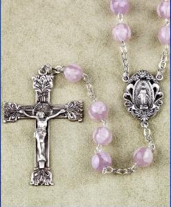 Pink Venetian Glass Bead Rosary with Sterling Silver Crucifix and center.