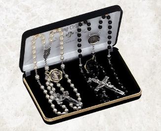 Silver Plated Faux Pearl & Black Bead Wedding Rosary Gift Set