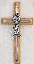 Oak & Overlay Praying Girl Cross - decorative wooden crosses